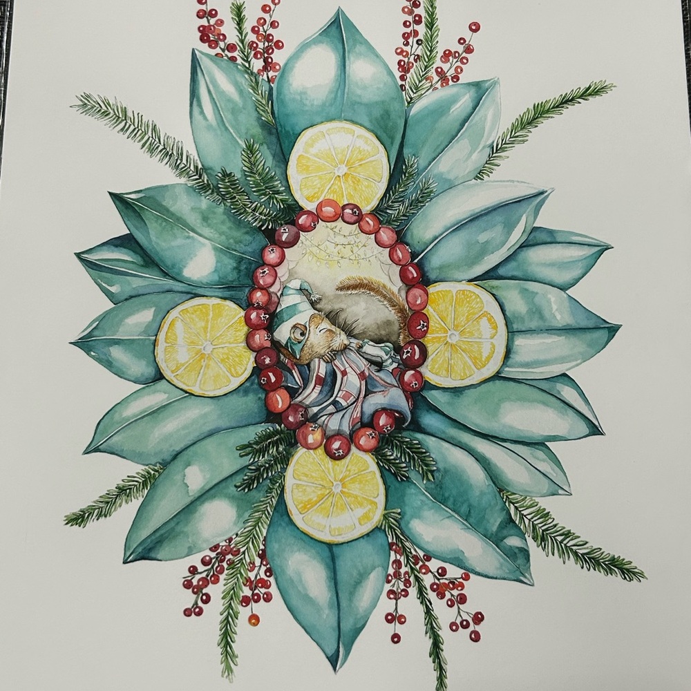 Mouse Winter Nap Art Print 2021 Watercolor Signed Katie Crawford